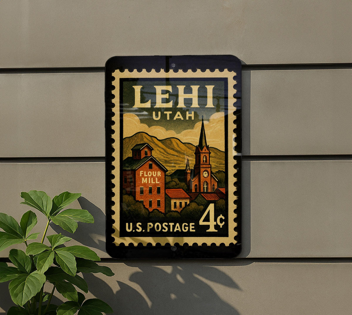 Lehi Utah Metal Sign Featuring Retro Postage Stamp Design with Mountain Scenery and Historic Downtown Elements — photo 5