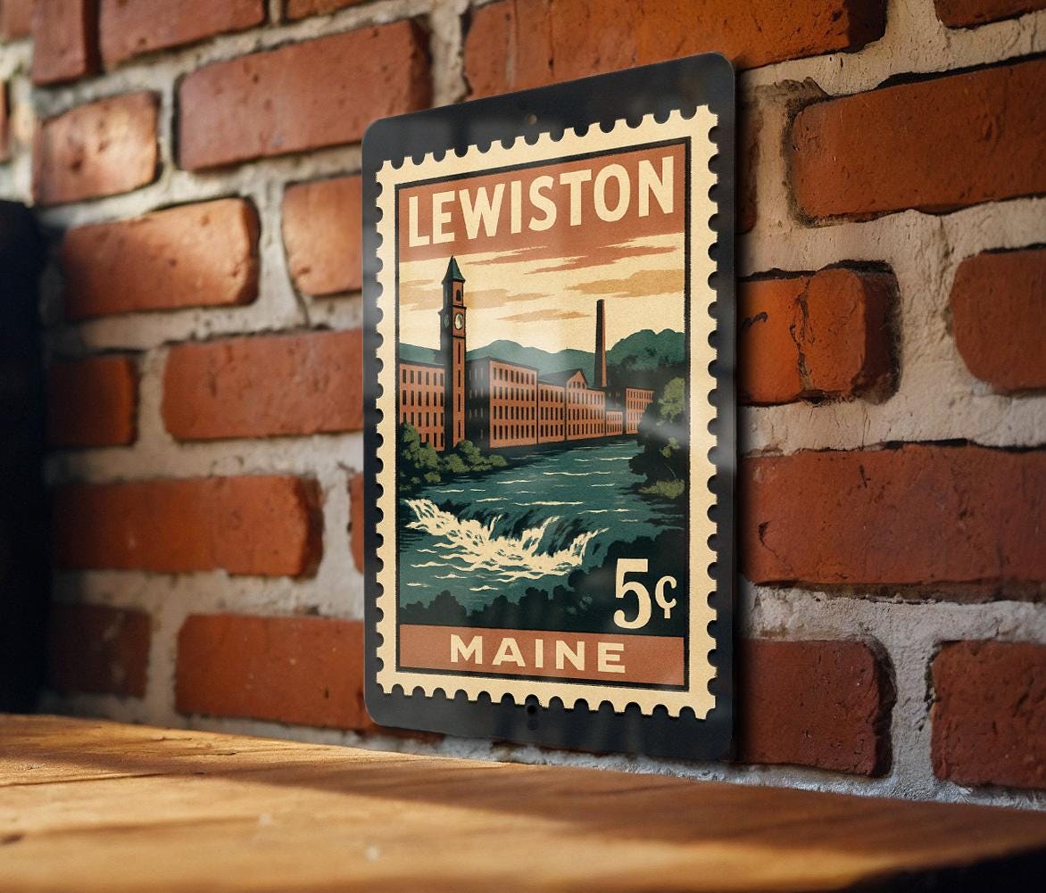 Lewiston Maine Postage Stamp Metal Sign – Vintage-Inspired City Landmark Wall Decor for Home or Office — photo 1