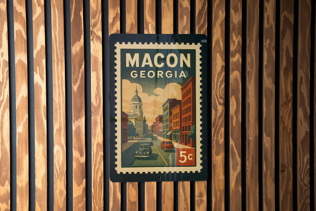 Macon Georgia Metal Sign Featuring Vintage Postage Stamp Design of Historic City Landmarks and Southern Charm — photo 1