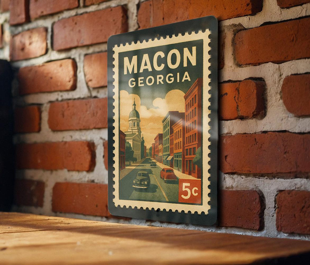 Macon Georgia Metal Sign Featuring Vintage Postage Stamp Design of Historic City Landmarks and Southern Charm — photo 2