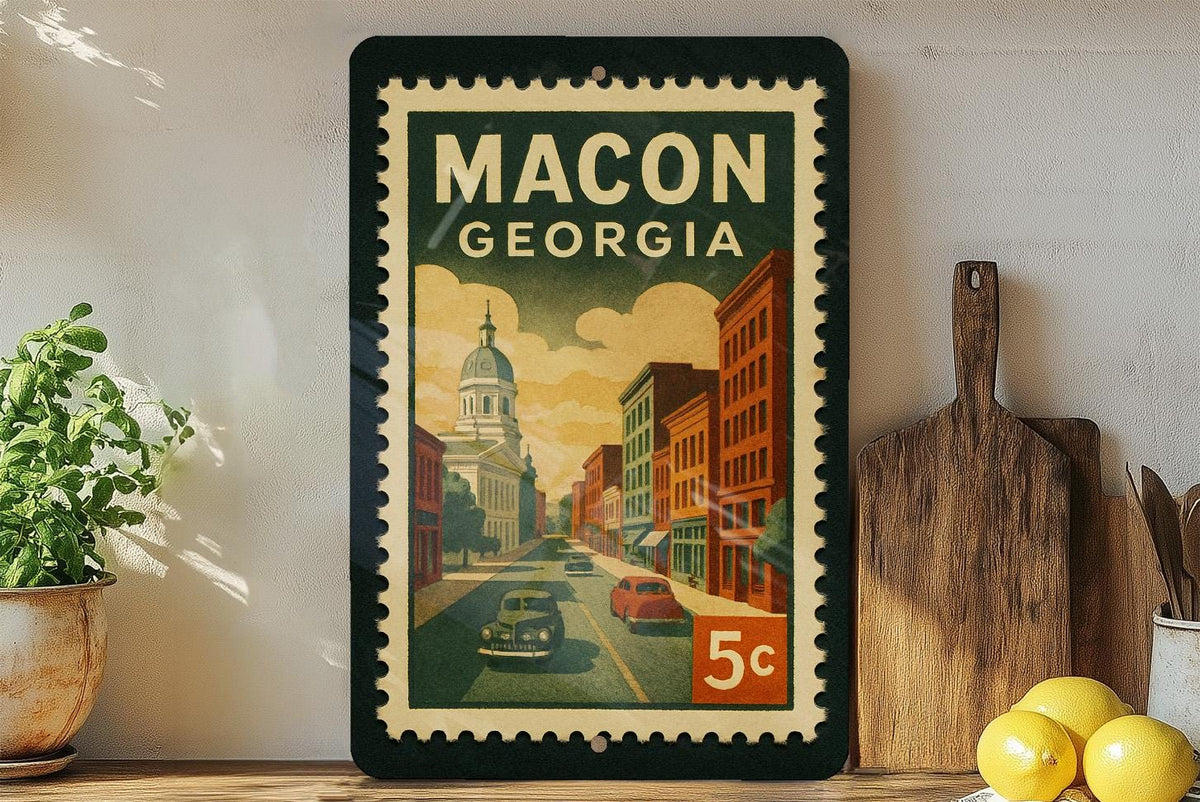 Macon Georgia Metal Sign Featuring Vintage Postage Stamp Design of Historic City Landmarks and Southern Charm — photo 3
