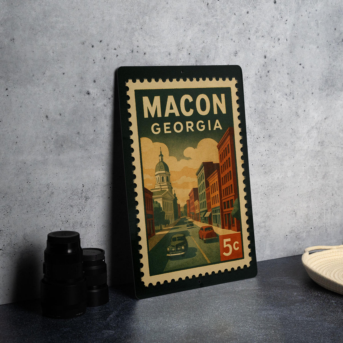 Macon Georgia Metal Sign Featuring Vintage Postage Stamp Design of Historic City Landmarks and Southern Charm — photo 4