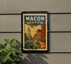 Macon Georgia Metal Sign Featuring Vintage Postage Stamp Design of Historic City Landmarks and Southern Charm — photo 5