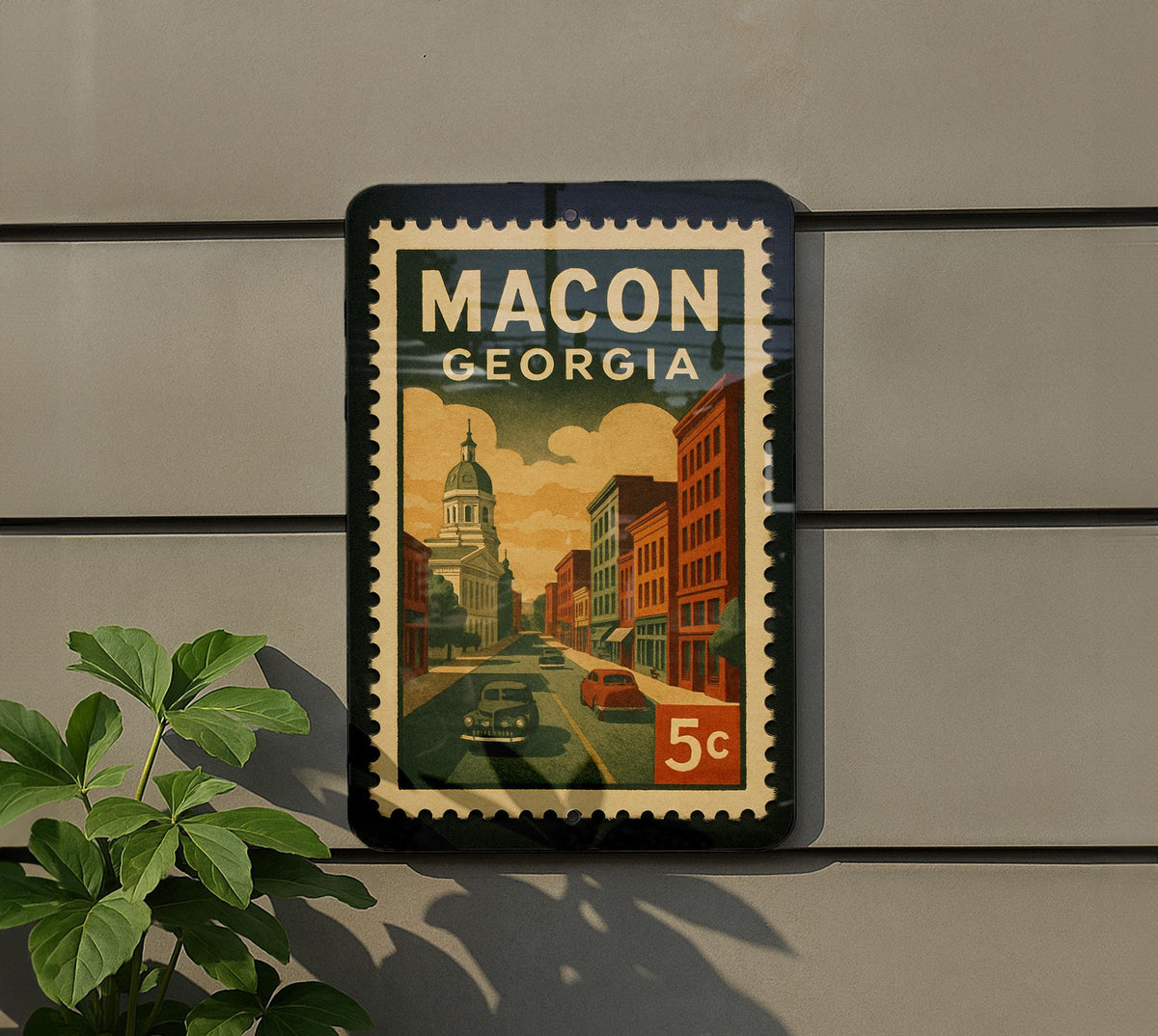 Macon Georgia Metal Sign Featuring Vintage Postage Stamp Design of Historic City Landmarks and Southern Charm — photo 5