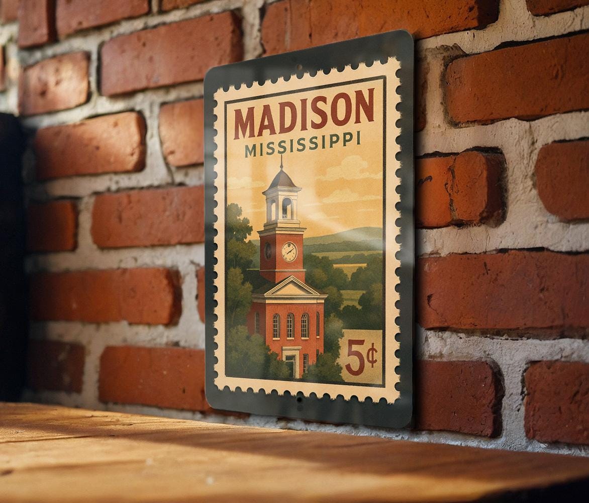 Madison Mississippi Metal Sign Featuring Retro Postage Stamp Design with City Name and Scenic Landmark Illustration — photo 3