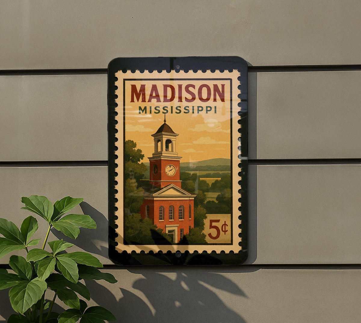Madison Mississippi Metal Sign Featuring Retro Postage Stamp Design with City Name and Scenic Landmark Illustration — photo 5