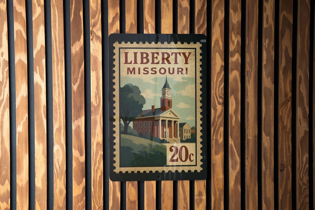 Liberty Missouri Metal Sign Featuring Retro Postage Stamp Design with Historic Cityscape and Vintage Travel Theme — photo 1