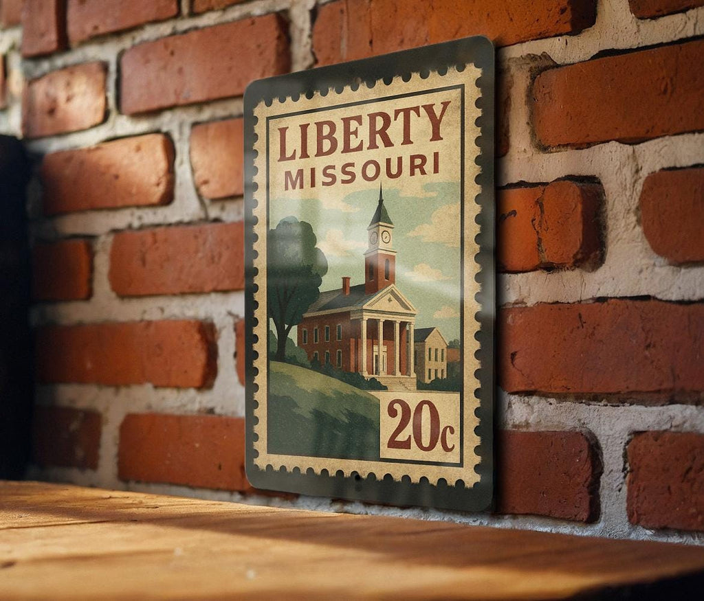 Liberty Missouri Metal Sign Featuring Retro Postage Stamp Design with Historic Cityscape and Vintage Travel Theme — photo 3