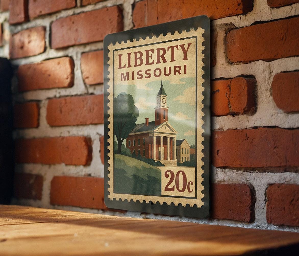 Liberty Missouri Metal Sign Featuring Retro Postage Stamp Design with Historic Cityscape and Vintage Travel Theme — photo 3