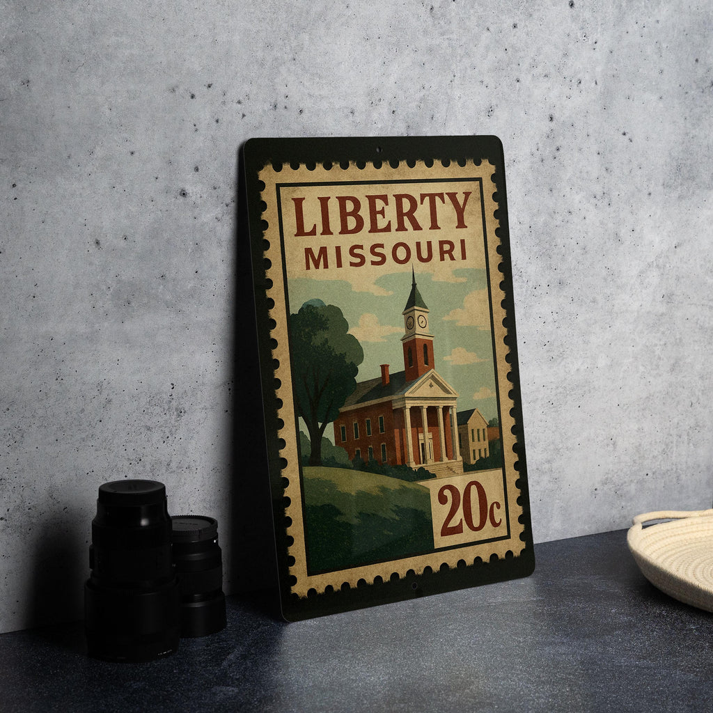 Liberty Missouri Metal Sign Featuring Retro Postage Stamp Design with Historic Cityscape and Vintage Travel Theme — photo 4