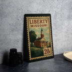 Liberty Missouri Metal Sign Featuring Retro Postage Stamp Design with Historic Cityscape and Vintage Travel Theme — photo 4