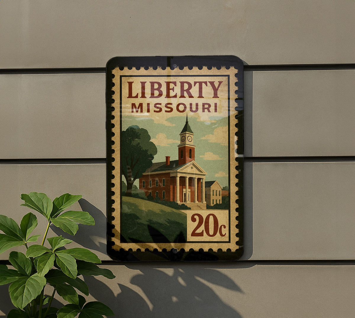 Liberty Missouri Metal Sign Featuring Retro Postage Stamp Design with Historic Cityscape and Vintage Travel Theme — photo 5