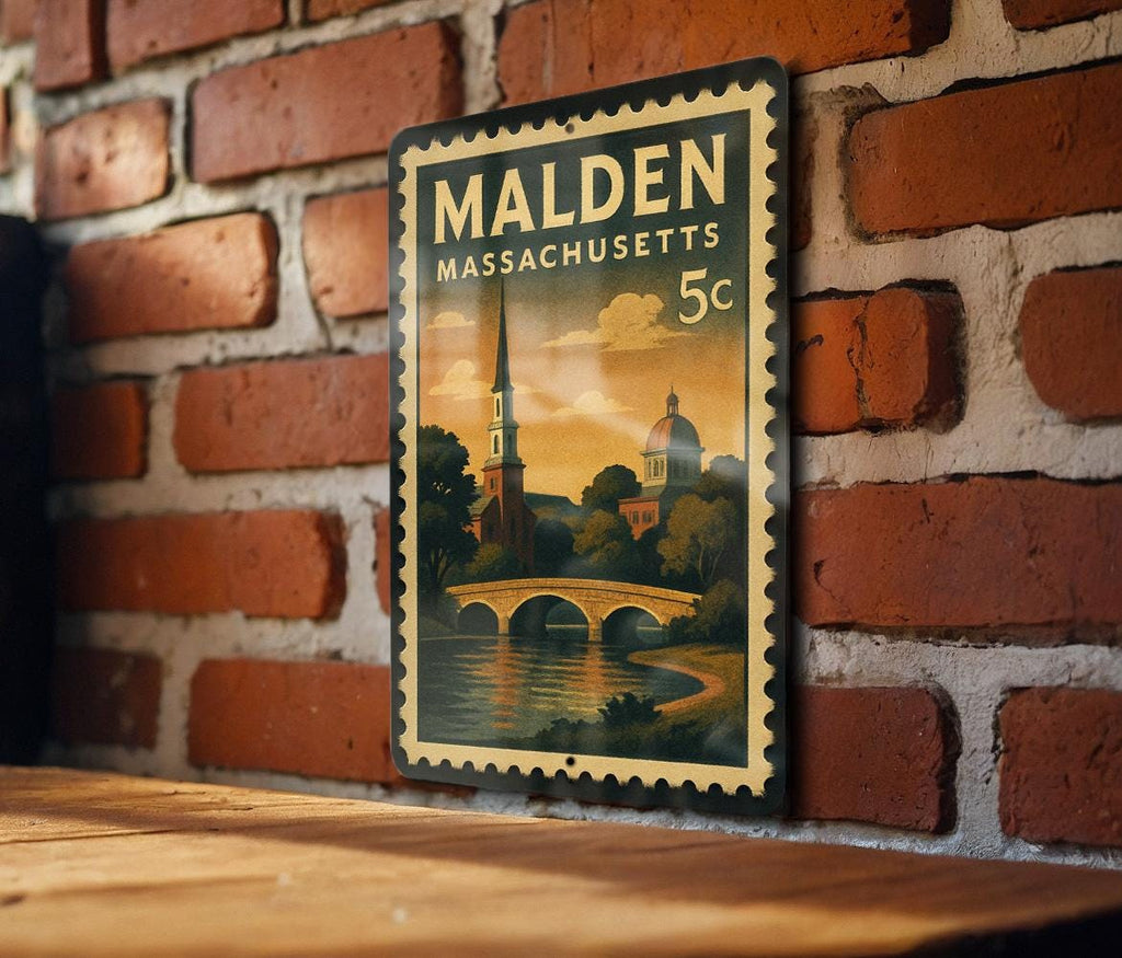 Malden Massachusetts Metal Sign Featuring Retro Postage Stamp Design of City Landmarks and Iconic Locations — photo 1