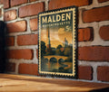 Malden Massachusetts Metal Sign Featuring Retro Postage Stamp Design of City Landmarks and Iconic Locations — photo 1