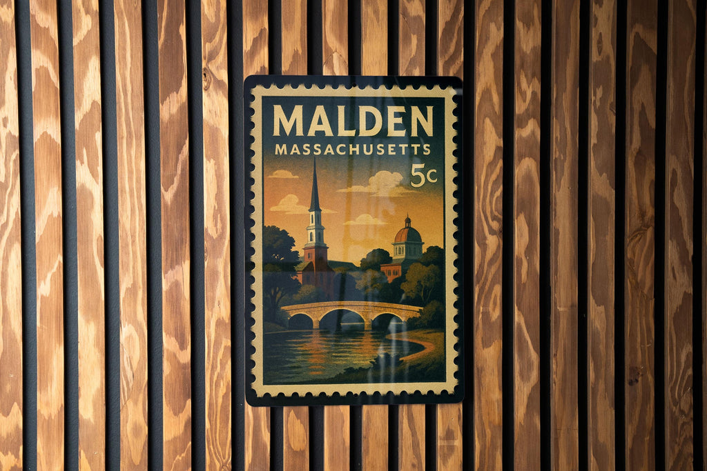 Malden Massachusetts Metal Sign Featuring Retro Postage Stamp Design of City Landmarks and Iconic Locations — photo 2