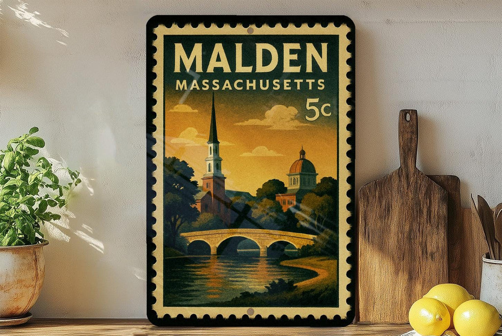 Malden Massachusetts Metal Sign Featuring Retro Postage Stamp Design of City Landmarks and Iconic Locations — photo 3