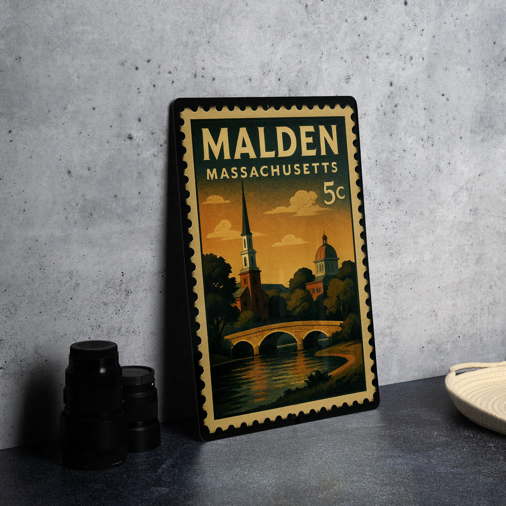 Malden Massachusetts Metal Sign Featuring Retro Postage Stamp Design of City Landmarks and Iconic Locations — photo 4