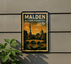 Malden Massachusetts Metal Sign Featuring Retro Postage Stamp Design of City Landmarks and Iconic Locations — photo 5