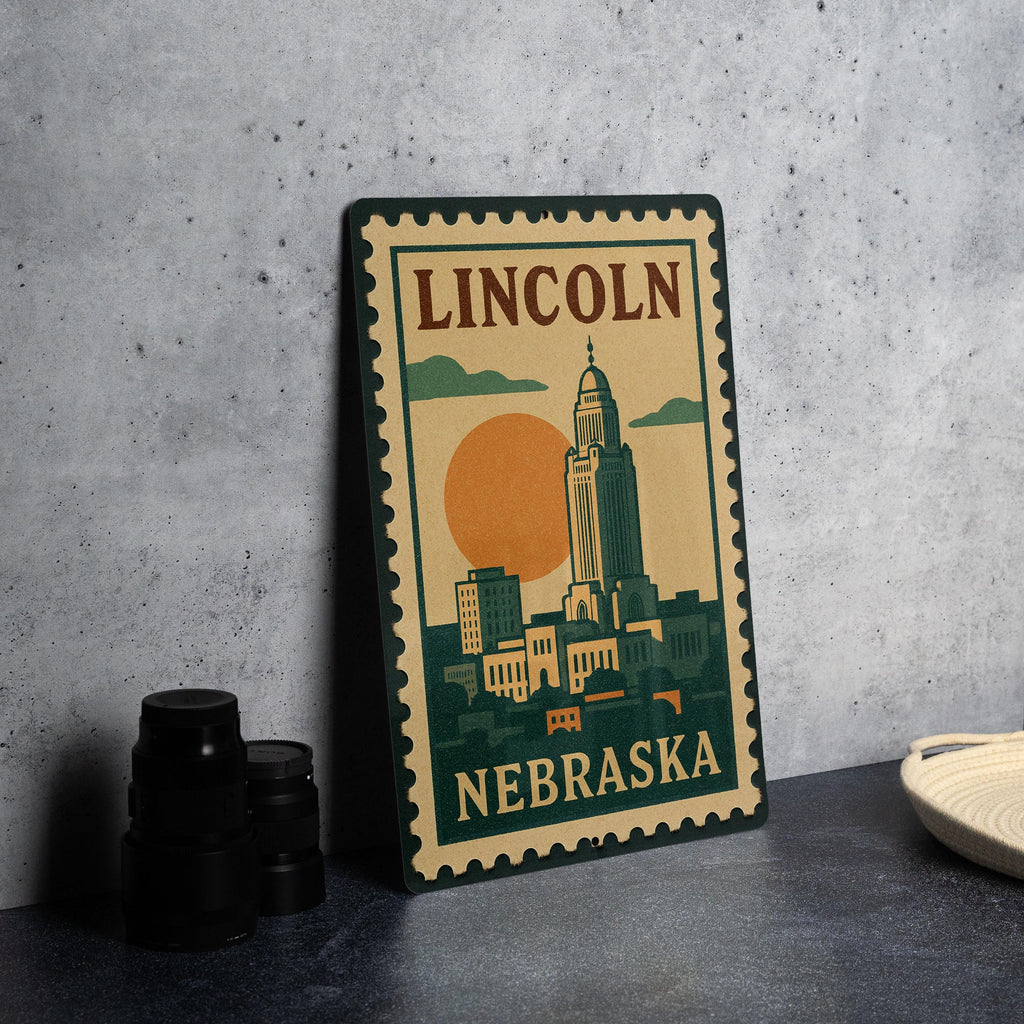 Lincoln Nebraska Postage Stamp Metal Sign – Vintage-Inspired Nebraska State Decor Featuring Capitol and City Landmarks — photo 4