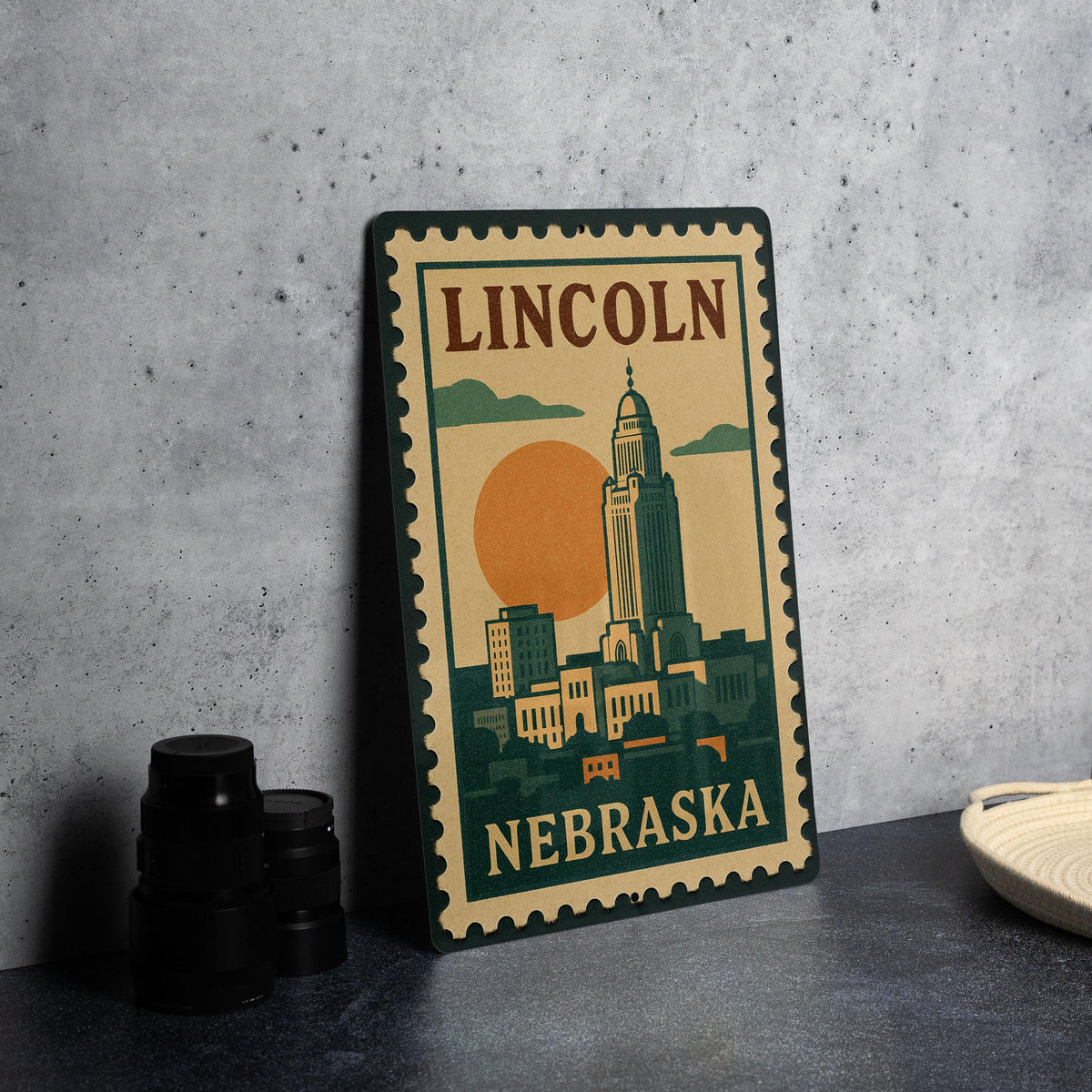 Lincoln Nebraska Postage Stamp Metal Sign – Vintage-Inspired Nebraska State Decor Featuring Capitol and City Landmarks — photo 4