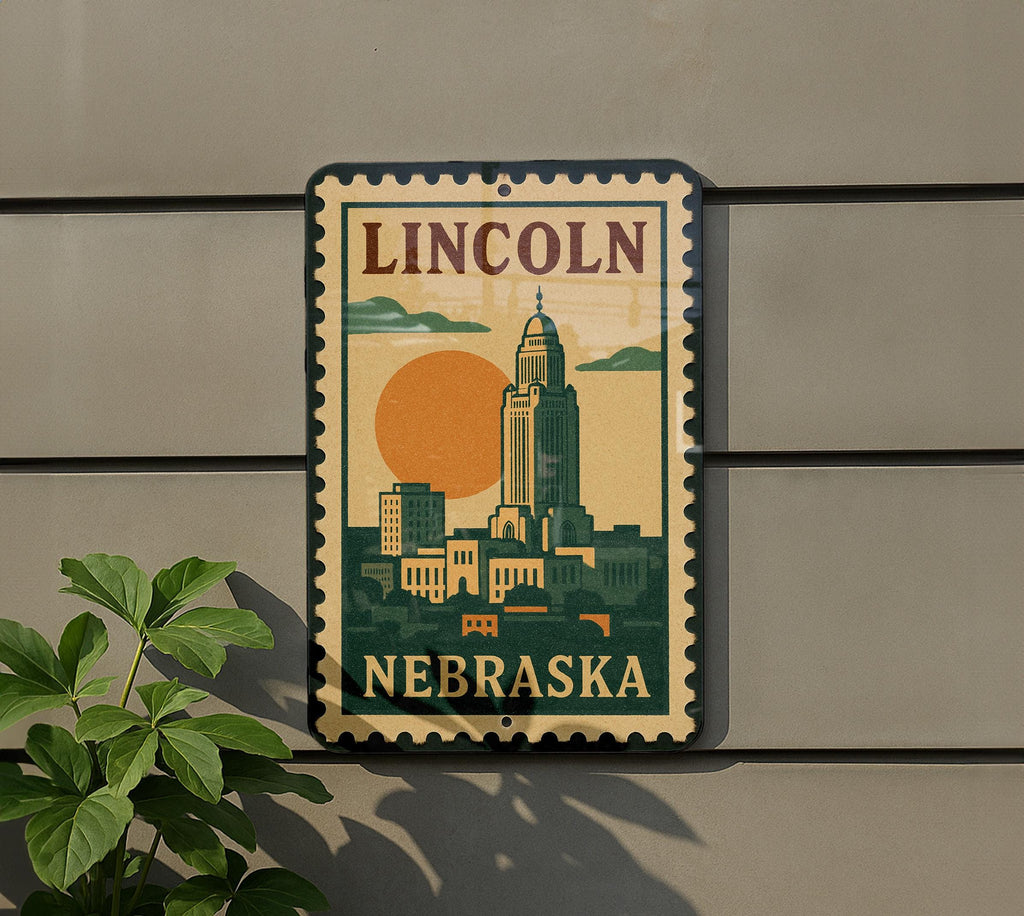 Lincoln Nebraska Postage Stamp Metal Sign – Vintage-Inspired Nebraska State Decor Featuring Capitol and City Landmarks — photo 5