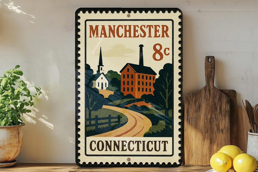 Manchester Connecticut Postage Stamp Metal Sign – Vintage-Inspired Wall Decor Featuring Manchester CT Design — photo 1