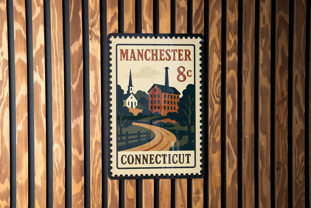 Manchester Connecticut Postage Stamp Metal Sign – Vintage-Inspired Wall Decor Featuring Manchester CT Design — photo 3