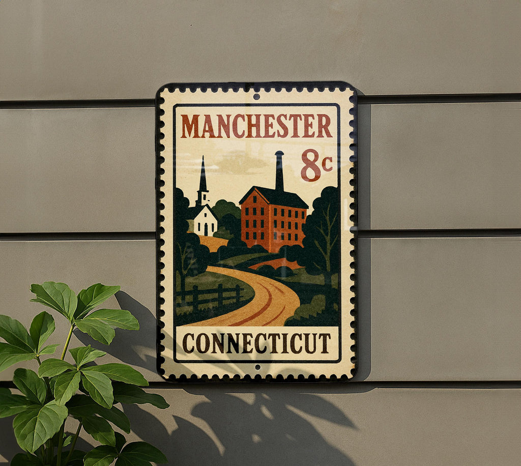 Manchester Connecticut Postage Stamp Metal Sign – Vintage-Inspired Wall Decor Featuring Manchester CT Design — photo 5
