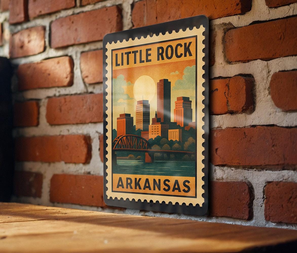 Little Rock Arkansas Metal Sign – Retro Postage Stamp Design Featuring Cityscape and Iconic Landmarks — photo 1