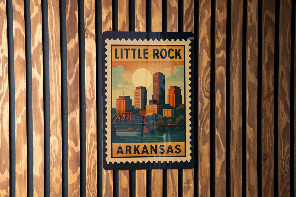 Little Rock Arkansas Metal Sign – Retro Postage Stamp Design Featuring Cityscape and Iconic Landmarks — photo 2