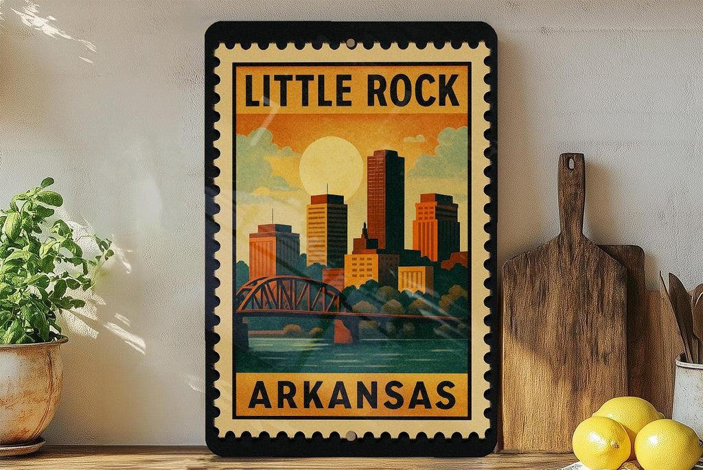 Little Rock Arkansas Metal Sign – Retro Postage Stamp Design Featuring Cityscape and Iconic Landmarks — photo 3