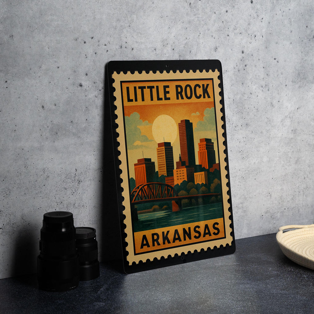 Little Rock Arkansas Metal Sign – Retro Postage Stamp Design Featuring Cityscape and Iconic Landmarks — photo 4