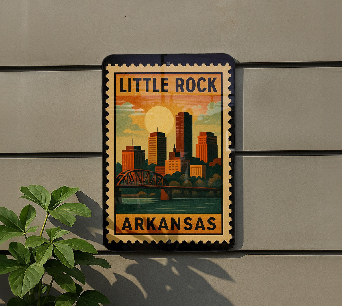 Little Rock Arkansas Metal Sign – Retro Postage Stamp Design Featuring Cityscape and Iconic Landmarks — photo 5