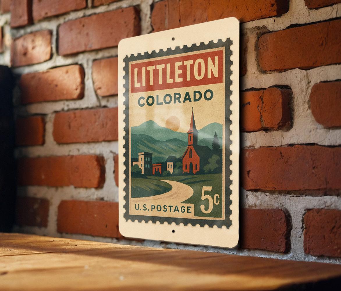 Littleton Colorado Metal Sign – Retro Postage Stamp Design Featuring Cityscape and Scenic Mountain Views — photo 1