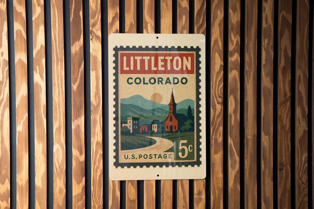 Littleton Colorado Metal Sign – Retro Postage Stamp Design Featuring Cityscape and Scenic Mountain Views — photo 2