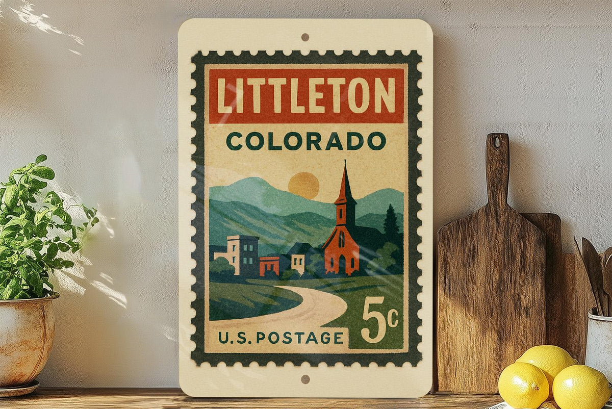 Littleton Colorado Metal Sign – Retro Postage Stamp Design Featuring Cityscape and Scenic Mountain Views — photo 3