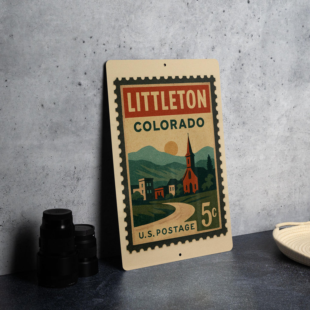 Littleton Colorado Metal Sign – Retro Postage Stamp Design Featuring Cityscape and Scenic Mountain Views — photo 4