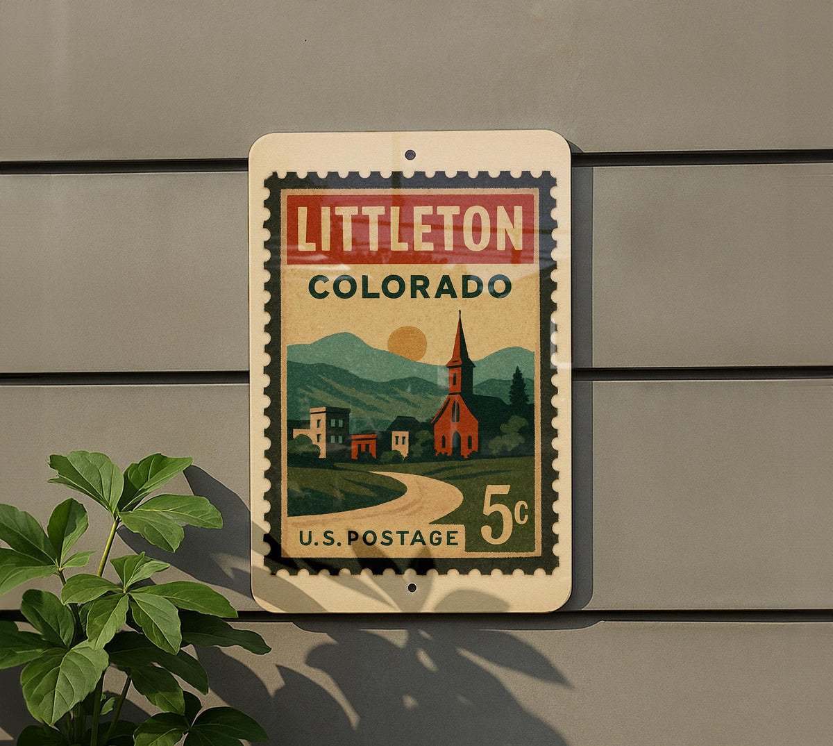 Littleton Colorado Metal Sign – Retro Postage Stamp Design Featuring Cityscape and Scenic Mountain Views — photo 5