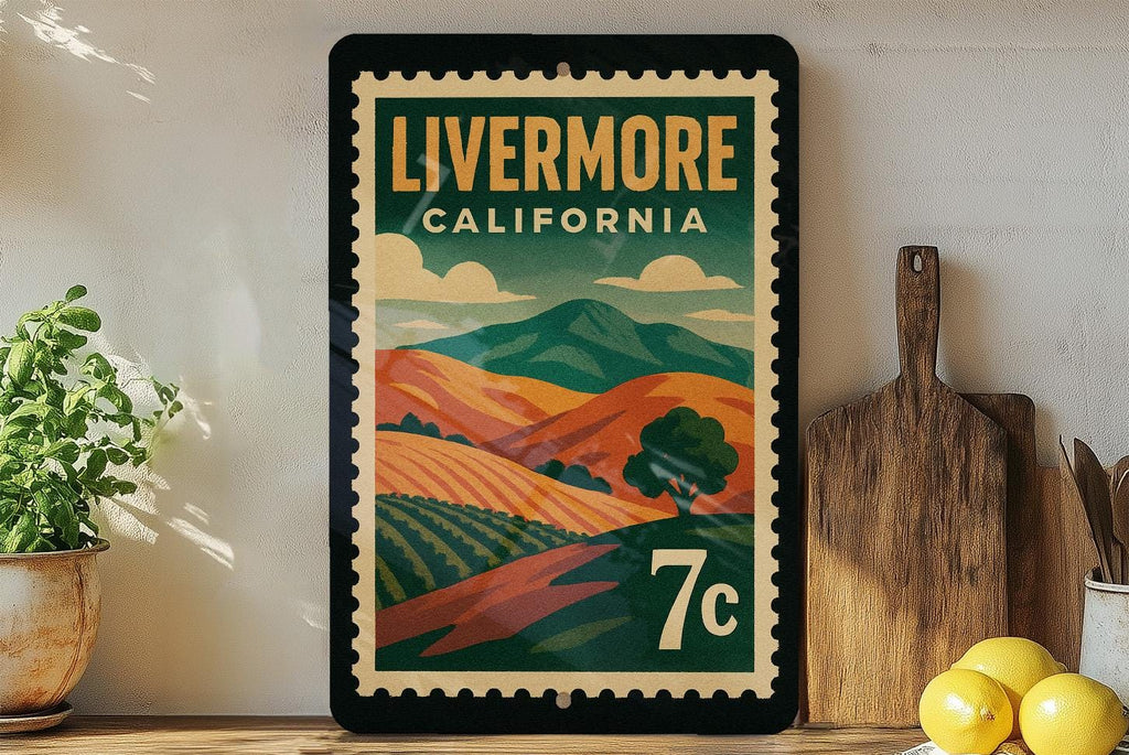Livermore California Metal Sign – Retro Postage Stamp Design Featuring Cityscape and Local Landmarks Decor — photo 1