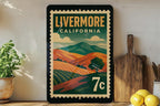 Livermore California Metal Sign – Retro Postage Stamp Design Featuring Cityscape and Local Landmarks Decor — photo 1