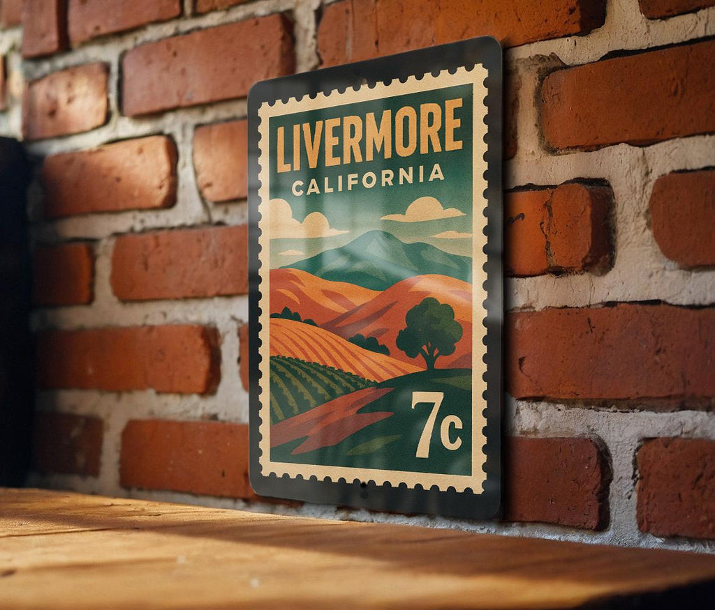Livermore California Metal Sign – Retro Postage Stamp Design Featuring Cityscape and Local Landmarks Decor — photo 2