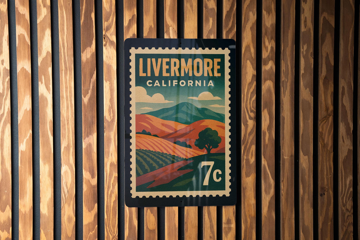 Livermore California Metal Sign – Retro Postage Stamp Design Featuring Cityscape and Local Landmarks Decor — photo 3