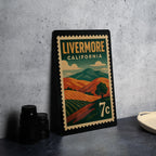 Livermore California Metal Sign – Retro Postage Stamp Design Featuring Cityscape and Local Landmarks Decor — photo 4