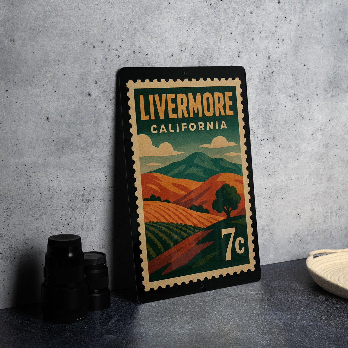 Livermore California Metal Sign – Retro Postage Stamp Design Featuring Cityscape and Local Landmarks Decor — photo 4
