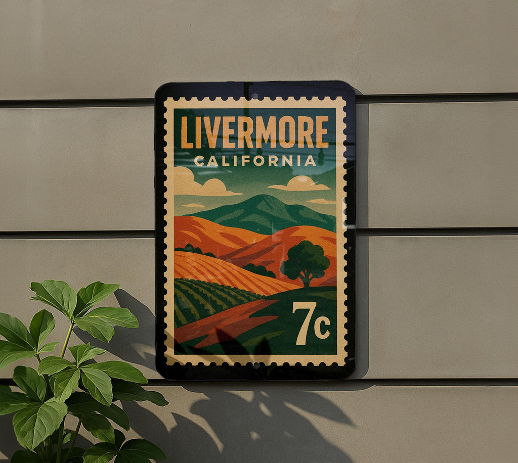 Livermore California Metal Sign – Retro Postage Stamp Design Featuring Cityscape and Local Landmarks Decor — photo 5