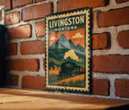 Livingston Montana Metal Sign – Retro Postage Stamp Design Featuring Mountains, Train Depot, and Scenic Landscape — photo 1