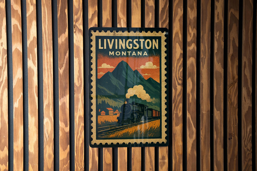 Livingston Montana Metal Sign – Retro Postage Stamp Design Featuring Mountains, Train Depot, and Scenic Landscape — photo 2