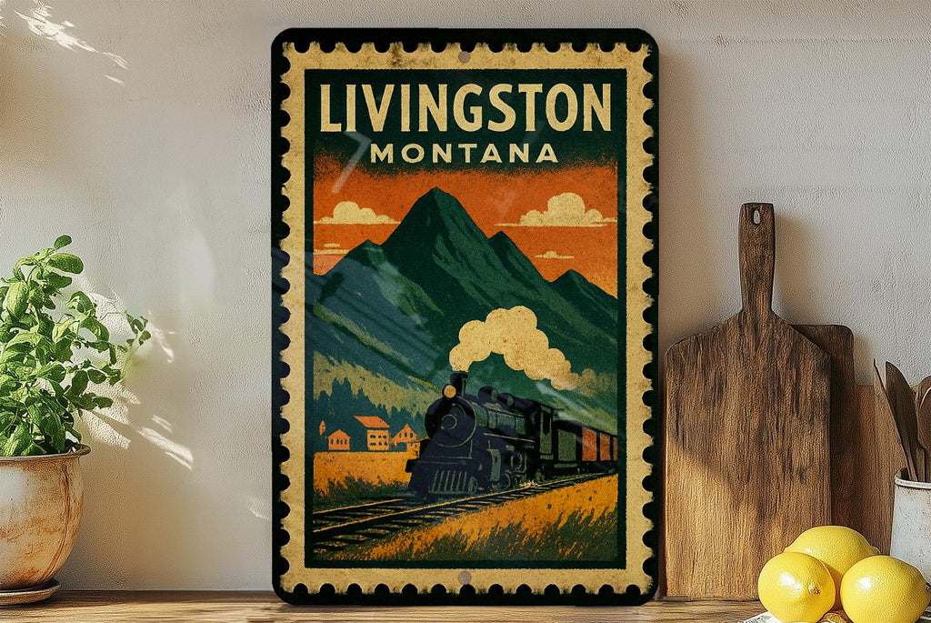 Livingston Montana Metal Sign – Retro Postage Stamp Design Featuring Mountains, Train Depot, and Scenic Landscape — photo 3