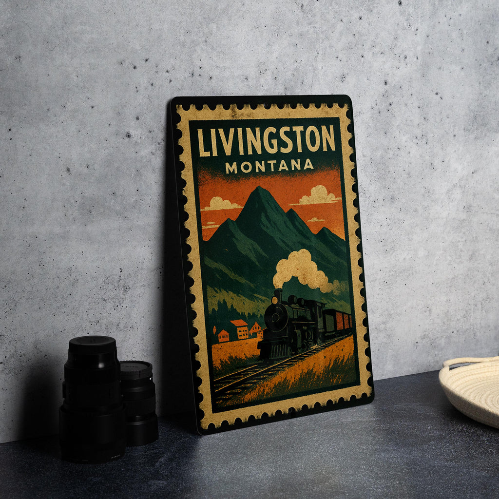 Livingston Montana Metal Sign – Retro Postage Stamp Design Featuring Mountains, Train Depot, and Scenic Landscape — photo 4