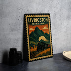 Livingston Montana Metal Sign – Retro Postage Stamp Design Featuring Mountains, Train Depot, and Scenic Landscape — photo 4